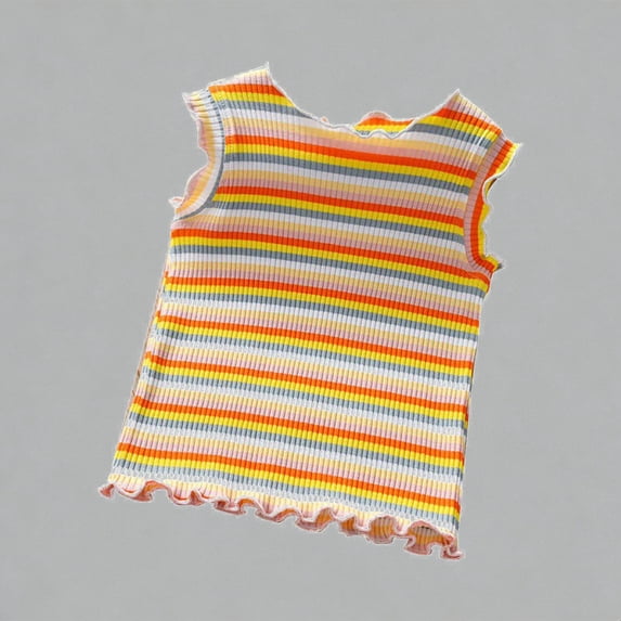 Krdevn Girls Rainbow Striped Ribbed Tank Tops Ruffle Hem Sleeveless Cotton Casual Summer Shirts,3-4 Years