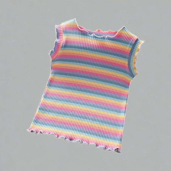 Krdevn Girls Rainbow Striped Ribbed Tank Tops Ruffle Hem Sleeveless Cotton Casual Summer Shirts,4-5 Years