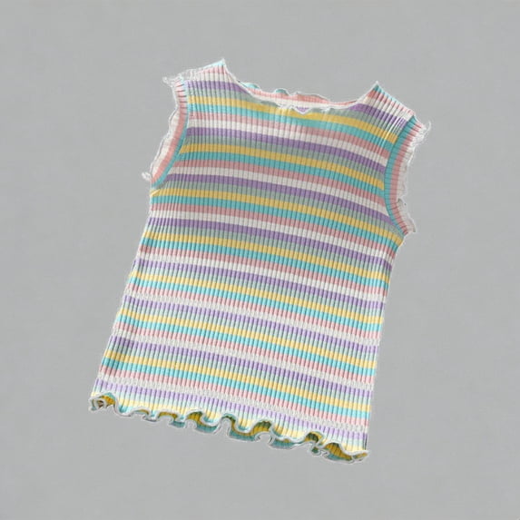 Krdevn Girls Rainbow Striped Ribbed Tank Tops Ruffle Hem Sleeveless Cotton Casual Summer Shirts,4-5 Years