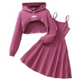 thumbnail image 1 of Krdevn Girls Ribbed Hooded Long Sleeve Top with Suspenders Pleated Dress Two Piece Outfit for Fall and Winter Seasons,Size:9-10 Years, 1 of 8