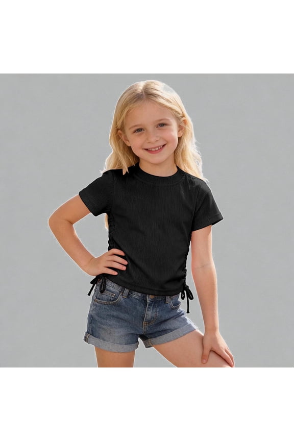 Girls Ribbed Knit Side Tie Short Sleeve T-Shirt Solid Casual Crew Neck Comfy Basic Tee for Kids,2-3 Years