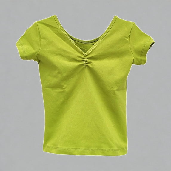 Krdevn Girls Ruched V-Neck Dance Top Short Sleeve Stretchy Athletic Tee for Kids Ballet Performance,11-12 Years