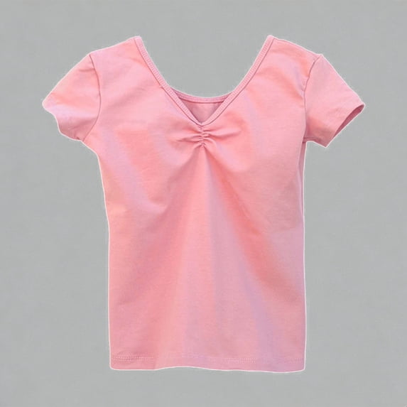 Krdevn Girls Ruched V-Neck Dance Top Short Sleeve Stretchy Athletic Tee for Kids Ballet Performance,8-9 Years