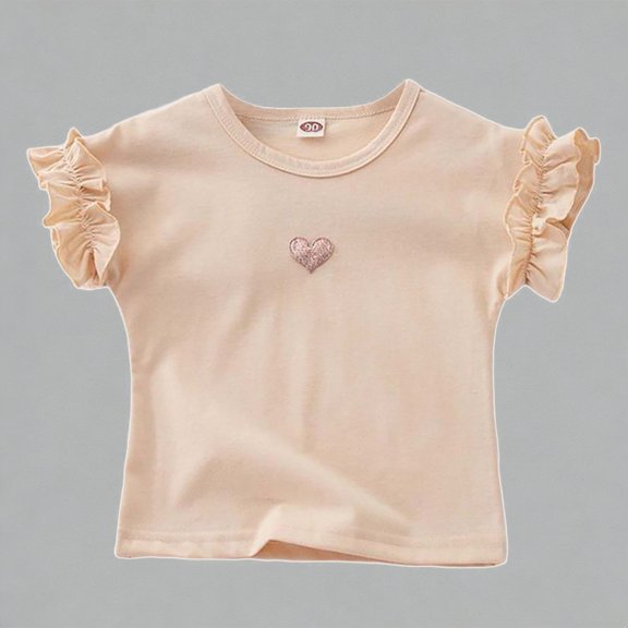 Krdevn Girls Ruffle Flutter Sleeve T-Shirts Glitter Heart Embroidery Round Neck Soft Stretchy Casual Stylish Daily Tops for Spring Summer,4-5 Years