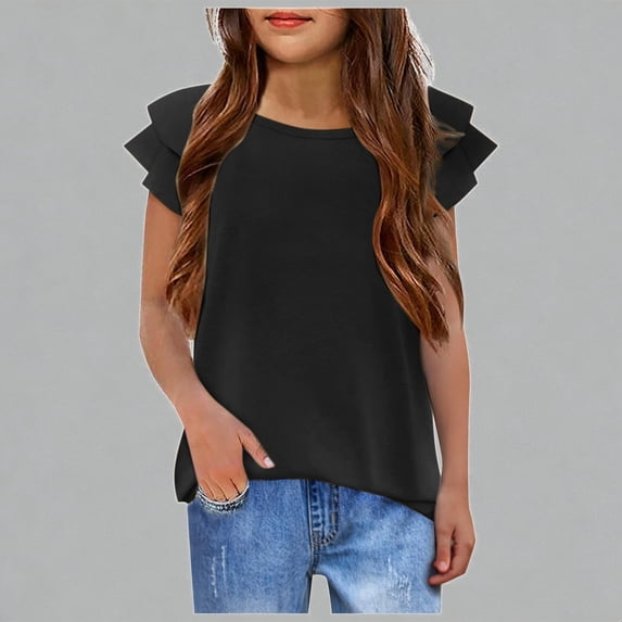 Krdevn Girls Ruffle Short Sleeve T-Shirts Solid Color Crew Neck Casual Cute Summer Tops for Daily Wear,7-8 Years
