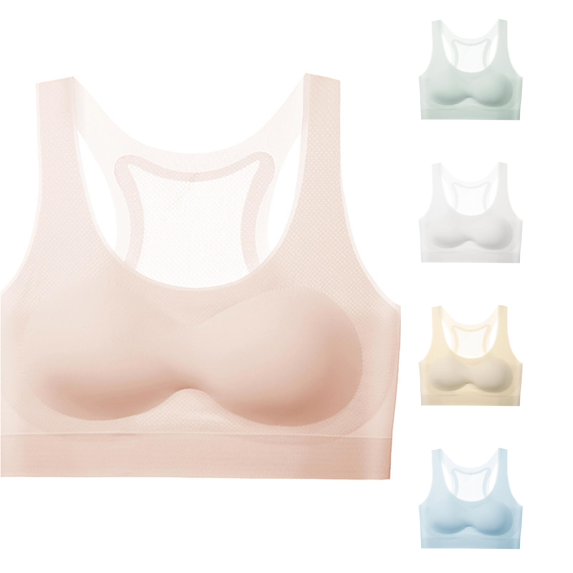 Krdevn Girls Seamless Sports Training Bra, Fixed‑Cup Wireless Bralette, Breathable Shockproof Undergarment for Junior Students,Light Pink
