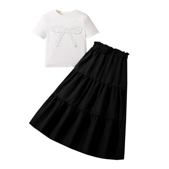 Krdevn Girls' Set Round Neck White Short Sleeved Blouse with Bow Tie and A Black Elastic Waist Full Length Skirt.,12-13 Years