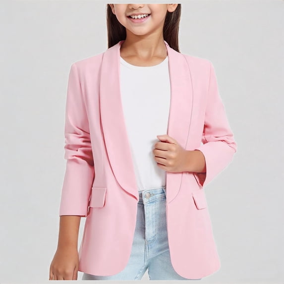 Krdevn Girls' Shawl Collar Blazer Open Front Formal Suit Jacket with Pockets,3-4 Years