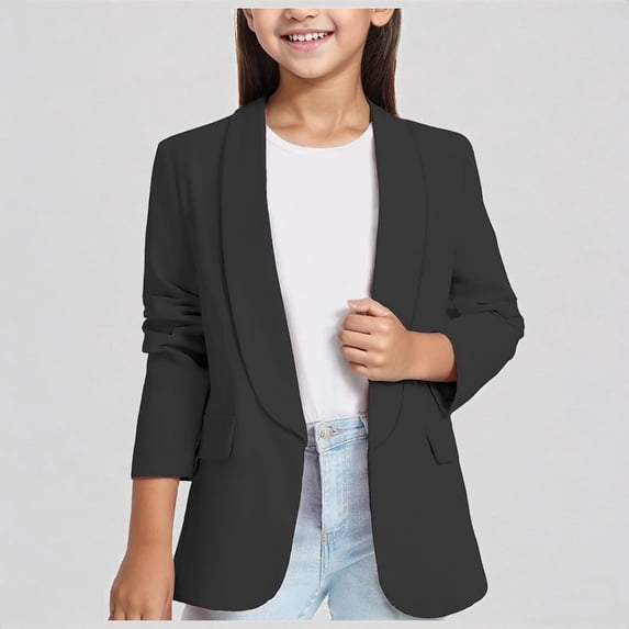 Krdevn Girls' Shawl Collar Blazer Open Front Formal Suit Jacket with Pockets,9-10 Years