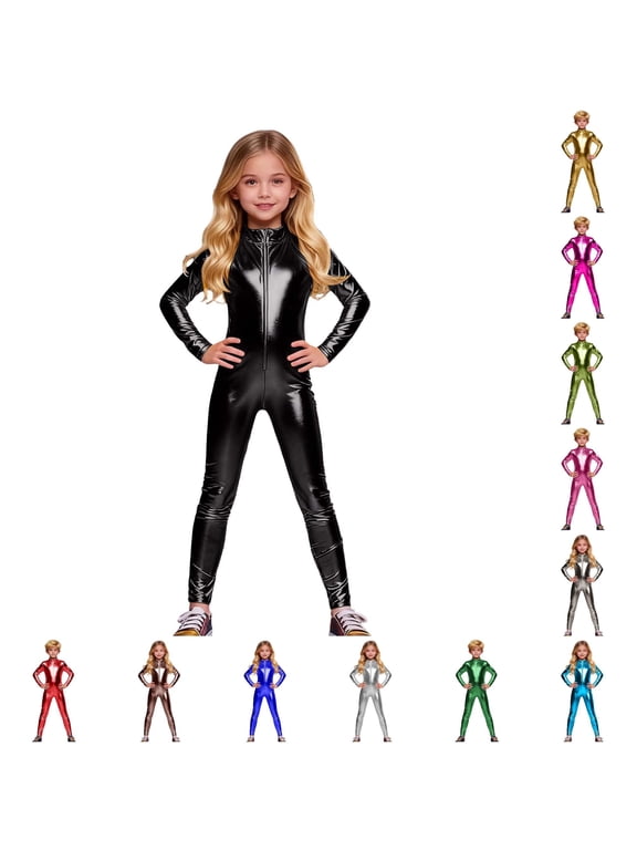 Krdevn Girls Shiny Romper, Metallic Neck Unitard Long Sleeve Zipper Front One Piece Bodysuit,Black