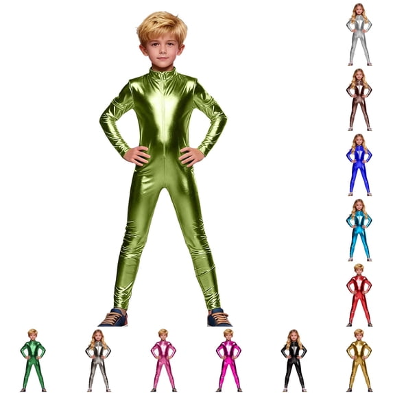 Krdevn Girls Shiny Romper, Metallic Neck Unitard Long Sleeve Zipper Front One Piece Bodysuit,Light Green