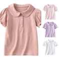 thumbnail image 1 of Krdevn Girls Short Ruffle Puff Sleeve Peter Pan Collar Three Button Placket Stretch Knit Polo Shirt Soft Elastic Back to School Summer Daily Performance Kids Uniform Tops,10-11 Years, 1 of 3