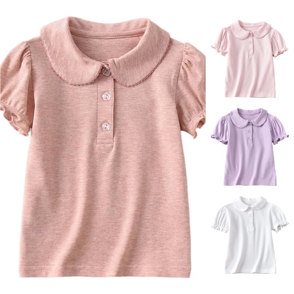 Krdevn Girls Short Ruffle Puff Sleeve Peter Pan Collar Three Button Placket Stretch Knit Polo Shirt Soft Elastic Back to School Summer Daily Performance Kids Uniform Tops,10-11 Years