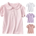 thumbnail image 1 of Krdevn Girls Short Ruffle Puff Sleeve Peter Pan Collar Three Button Placket Stretch Knit Polo Shirt Soft Elastic Back to School Summer Daily Performance Kids Uniform Tops,4-5 Years, 1 of 3