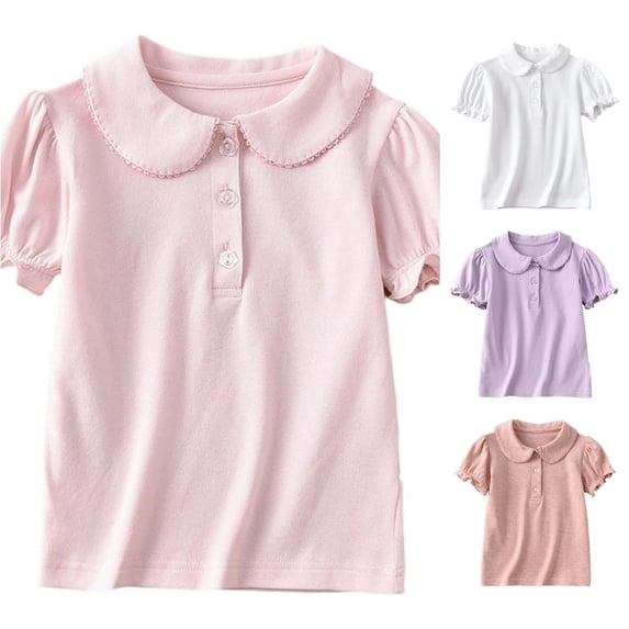 Krdevn Girls Short Ruffle Puff Sleeve Peter Pan Collar Three Button Placket Stretch Knit Polo Shirt Soft Elastic Back to School Summer Daily Performance Kids Uniform Tops,4-5 Years