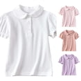thumbnail image 1 of Krdevn Girls Short Ruffle Puff Sleeve Peter Pan Collar Three Button Placket Stretch Knit Polo Shirt Soft Elastic Back to School Summer Daily Performance Kids Uniform Tops,12-13 Years, 1 of 7