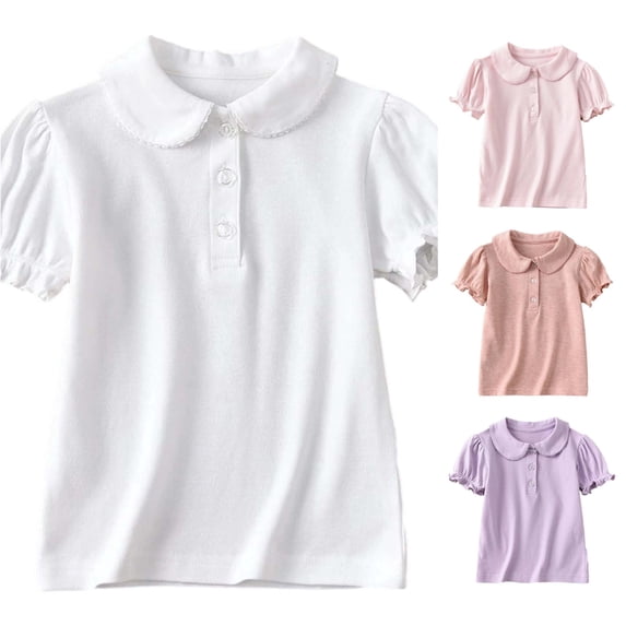 Krdevn Girls Short Ruffle Puff Sleeve Peter Pan Collar Three Button Placket Stretch Knit Polo Shirt Soft Elastic Back to School Summer Daily Performance Kids Uniform Tops,12-13 Years