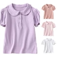 thumbnail image 1 of Krdevn Girls Short Ruffle Puff Sleeve Peter Pan Collar Three Button Placket Stretch Knit Polo Shirt Soft Elastic Back to School Summer Daily Performance Kids Uniform Tops,3-4 Years, 1 of 3