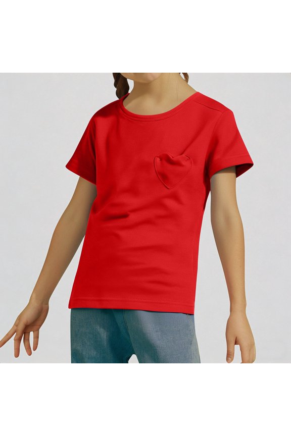 Girls Short Sleeve Heart Pocket T Shirts Casual Tee Tops Blouse,2-3 Years