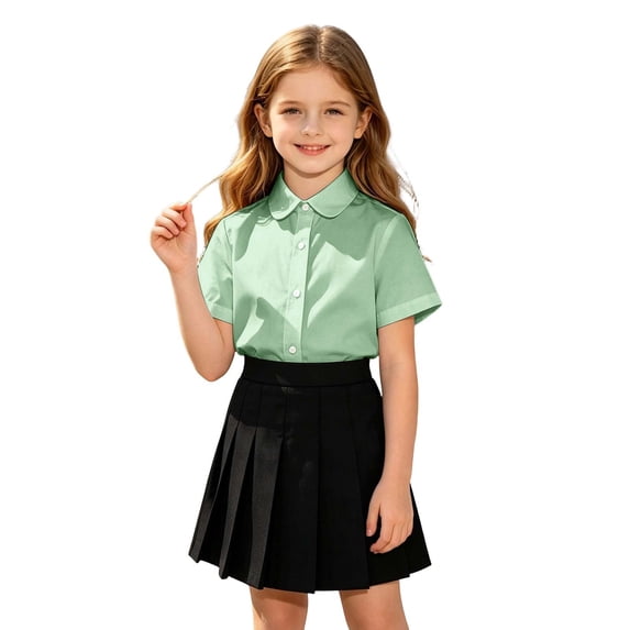 Krdevn Girls Short Sleeve Peter Pan Collar Button Down Shirt Lightweight Breathable Easy Care Back to School Summer Casual Kids Uniform Tops,1-2 Years