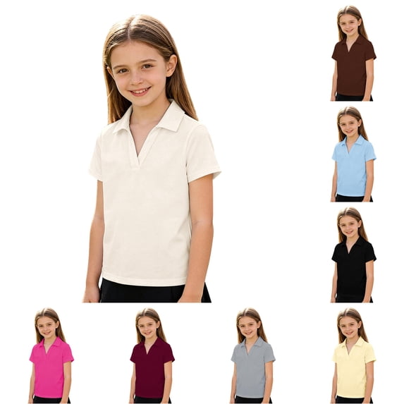 Krdevn Girls Short Sleeve V Neck Placket Polo Shirt Soft Breathable Knit Fabric Back to School Sporty Daily Casual Kids Uniform Tops,11-12 Years