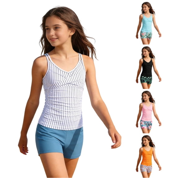 Krdevn Girls Solid Color Leaf Print 2 Piece Tankini Swimsuit with Boyshorts Color:White,Size:9-10 Years