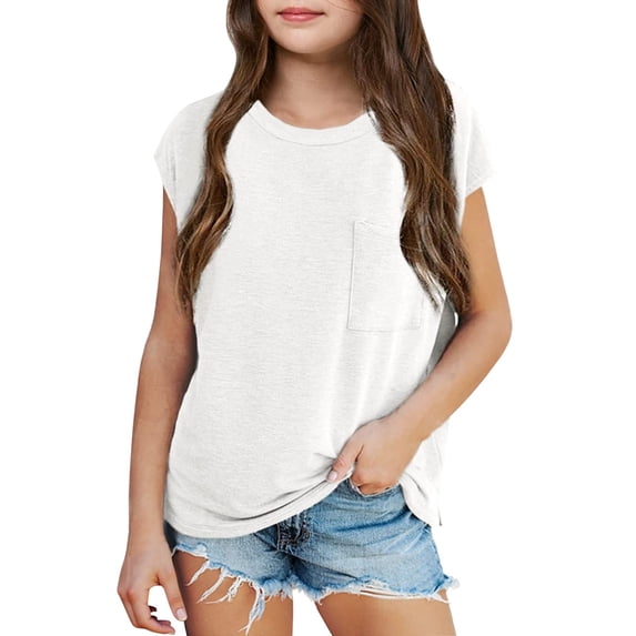 Krdevn Girls' Solid Color Short Sleeve T-Shirt with Front Pocket & Dolman Sleeves Casual Loose Fit Tee Size:9-10 Years