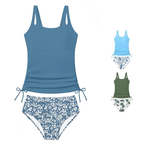 Krdevn Girls Solid Color Tankini 2 Piece Swimsuit with Palm Tree Print Bottoms Color:Sky Blue,Size:9-10 Years