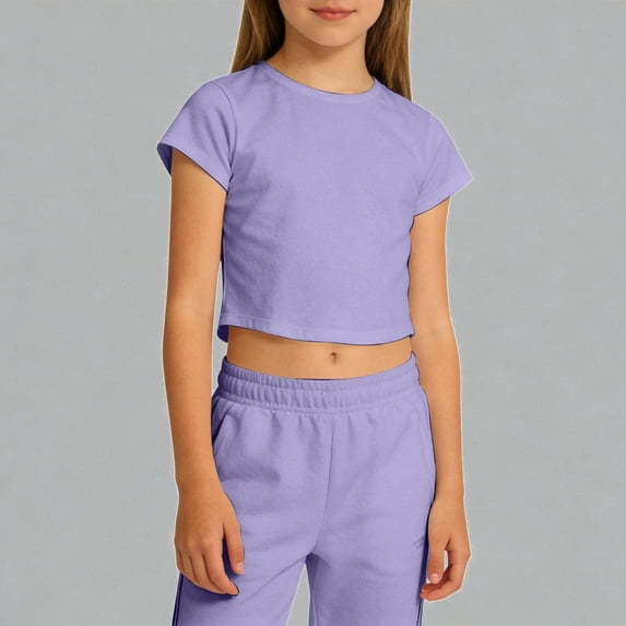 Krdevn Girls Solid Cropped Short Sleeve T-Shirt Breathable Crew Neck Casual Comfy Summer Crop Top for Kids,11-12 Years