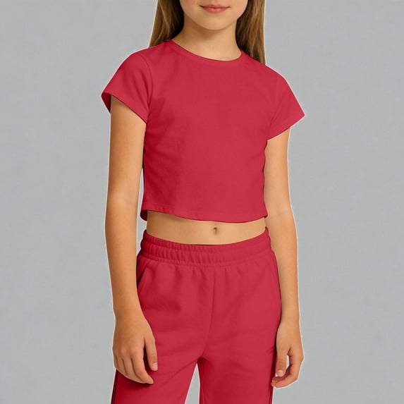 Krdevn Girls Solid Cropped Short Sleeve T-Shirt Breathable Crew Neck Casual Comfy Summer Crop Top for Kids,13-14 Years