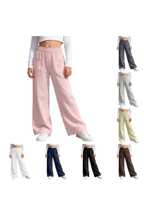 Krdevn Girls Solid Elastic Waist Linen Wide Leg Pants Big Patch Pockets 6-7 Years,Pink