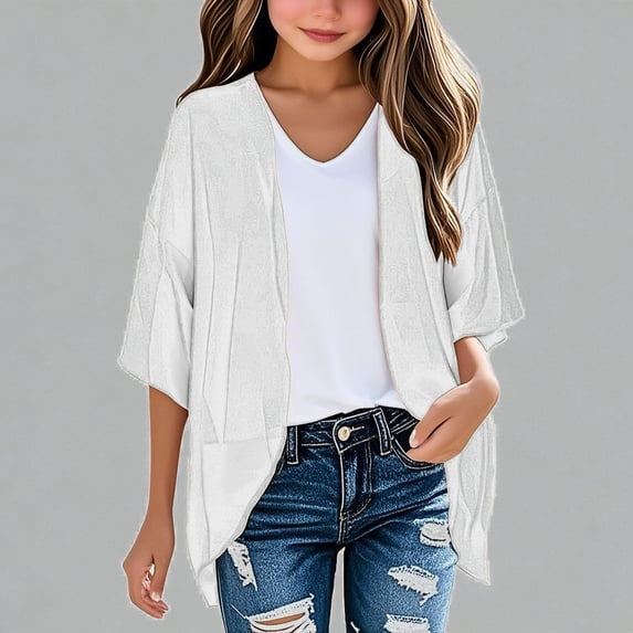 Krdevn Girls Solid Open Front Cardigan Lightweight Summer Beach Cover Up Top for Kids,9-10 Years
