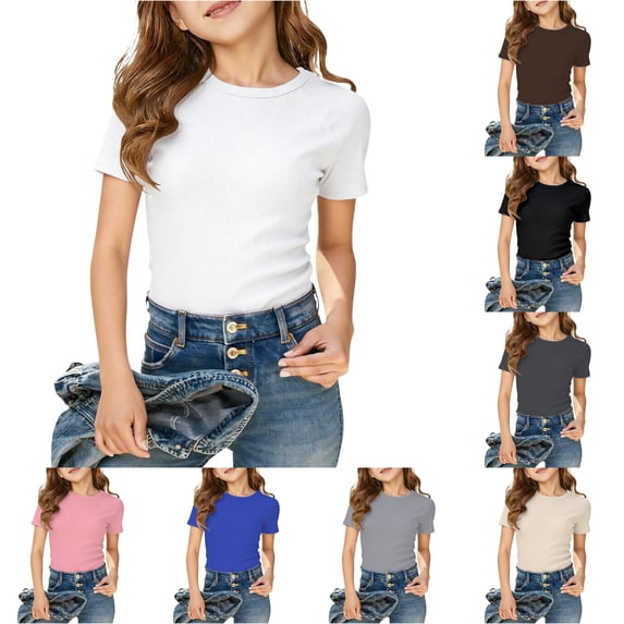 Krdevn Girls Solid Ribbed Short Sleeve T Shirt Raglan Crew Neck Slim Fitted Casual Basic Tee Daily Wear Top 9-10 Years,White