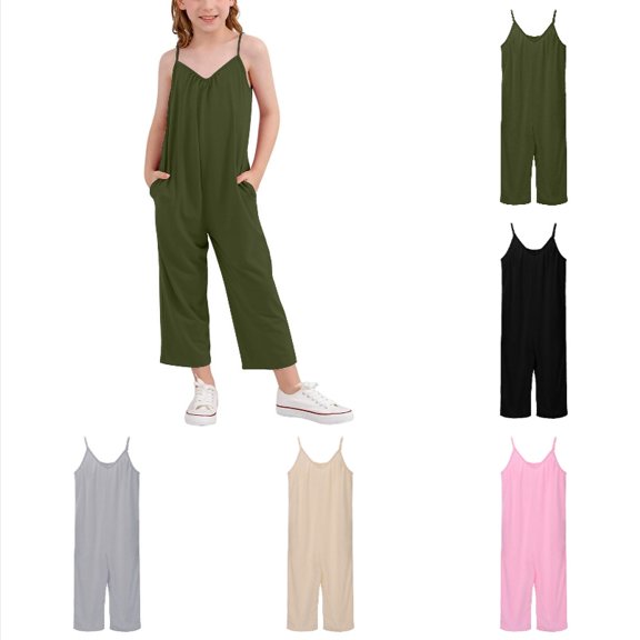 Krdevn Girls Solid Sling Overalls, Loose Ankle Jumpsuit with Side Pockets Little/Big Kids Casual Suspender Pants,Army Green