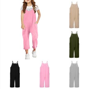 Krdevn Girls Solid Sling Overalls, Loose Ankle Jumpsuit with Side Pockets Little/Big Kids Casual Suspender Pants,Pink