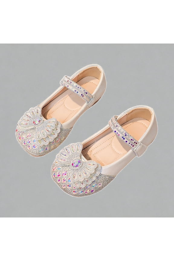 Krdevn Girls' Sparkly Mary Jane Flats, Soft Sole Princess Dress Shoes with Flower Bow, Glitter Rhinestone Shoes for Party Wedding Spring Summer,Sizes 9