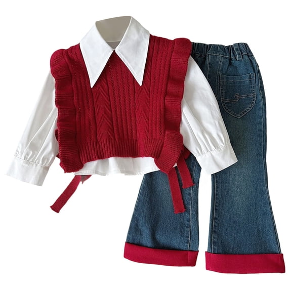 Krdevn Girls' Spring Set Stylish Knitted Jacket Long Sleeved Shirt Jeans Three Piece Set,Kids Outfit,2-3 Years