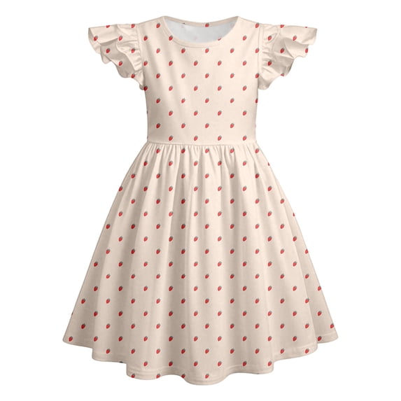 Krdevn Girls' Strawberry Print Summer Dress, Ruffle Short Sleeve A-Line Dress, Casual Comfortable Play Outfits for Toddler & Kids,5-6 Years