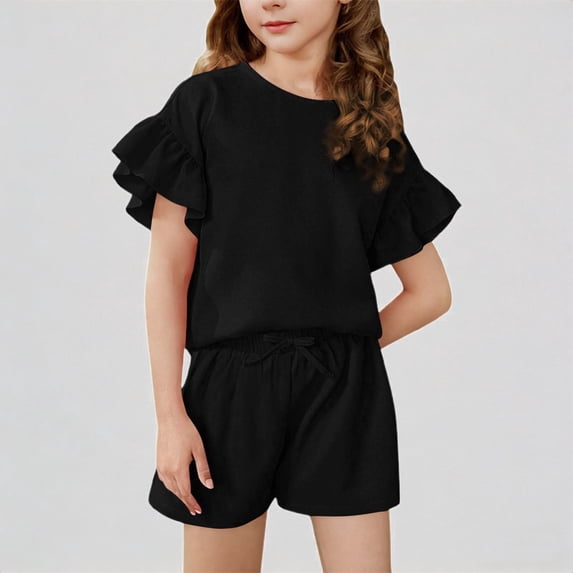 Krdevn Girls Summer Outfits 2 Piece Set Casual Round Neck Short Sleeve Top and Shorts Elastic Waist Comfortable Playwear for Toddler Kids,12-13 Years