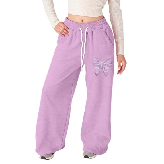 Krdevn Girls Sweatpants with Bow Tie - Lightweight Athletic Joggers, Wide Leg Comfy Pants with Pockets for Play,8-9 Years