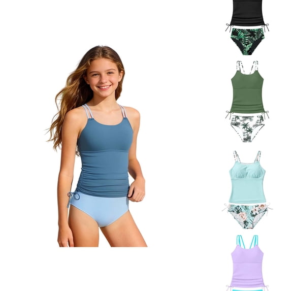 Krdevn Girls Tankini Swimsuit Top with Tropical Leaf Print Bottom Adjustable Side Drawstring UPF 50+ Bathing Suit Size:15-16 Years