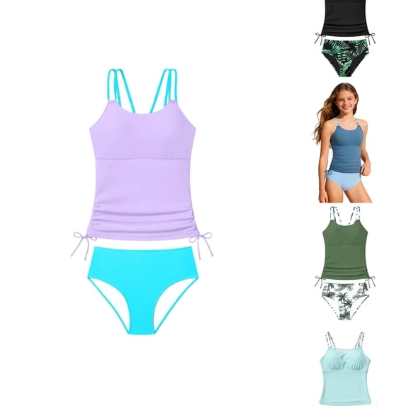 Krdevn Girls Tankini Swimsuit Top with Tropical Leaf Print Bottom Adjustable Side Drawstring UPF 50+ Bathing Suit Size:7-8 Years