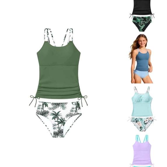 Krdevn Girls Tankini Swimsuit Top with Tropical Leaf Print Bottom Adjustable Side Drawstring UPF 50+ Bathing Suit Size:9-10 Years