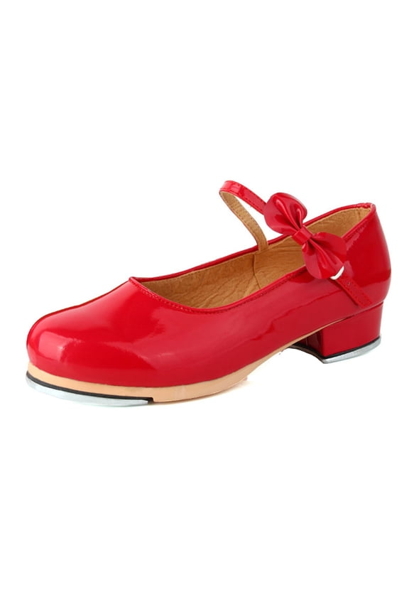 Girls Tap Shoes, PU Leather Dance Shoes with Buckle Bow, Soft Sole Shiny Performance Footwear for Kids,Size:7-8 Years