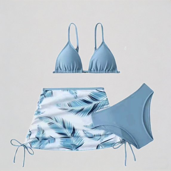 Krdevn Girls Three-Piece Bikini Set Triangle Top with Tropical Leaf Cover Up Skirt for Beach Pool Party,3-4 Years