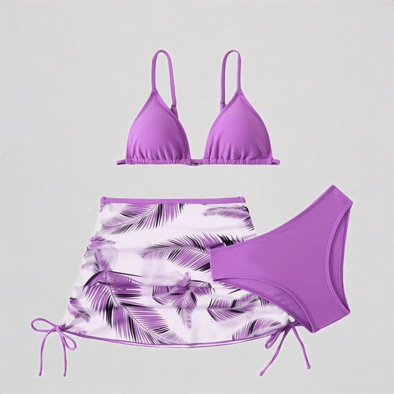 Krdevn Girls Three-Piece Bikini Set Triangle Top with Tropical Leaf Cover Up Skirt for Beach Pool Party,7-8 Years