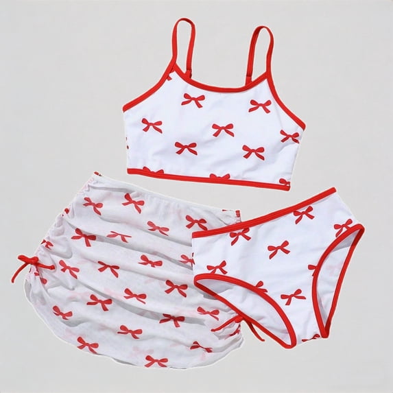 Krdevn Girls Three-Piece Swimsuit Set Bow Print Bikini Top & Bottom with Matching Mesh Cover Up Skirt,7-8 Years