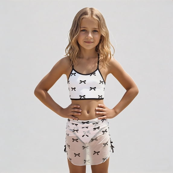Krdevn Girls Three-Piece Swimsuit Set Bow Print Bikini Top & Bottom with Matching Mesh Cover Up Skirt,8-9 Years