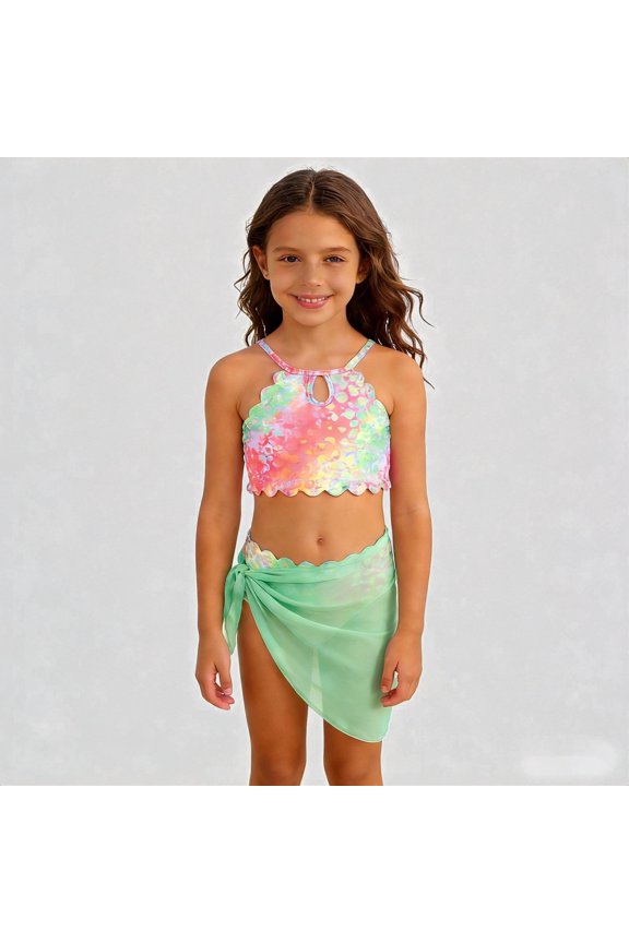 Girls Three Piece Swimsuit Set Rainbow Scales Print Scallop Edge Keyhole Mint Cover Up Skirt UPF 50+ Summer Beach Pool Swimwear,6-7 Years