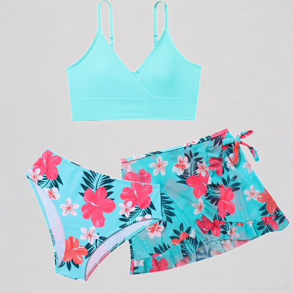 Krdevn Girls Three-Piece Swimsuit Set V-Neck Bikini Top & Floral Print Bottom with Ruffle Cover Up Skirt Mint,8-9 Years